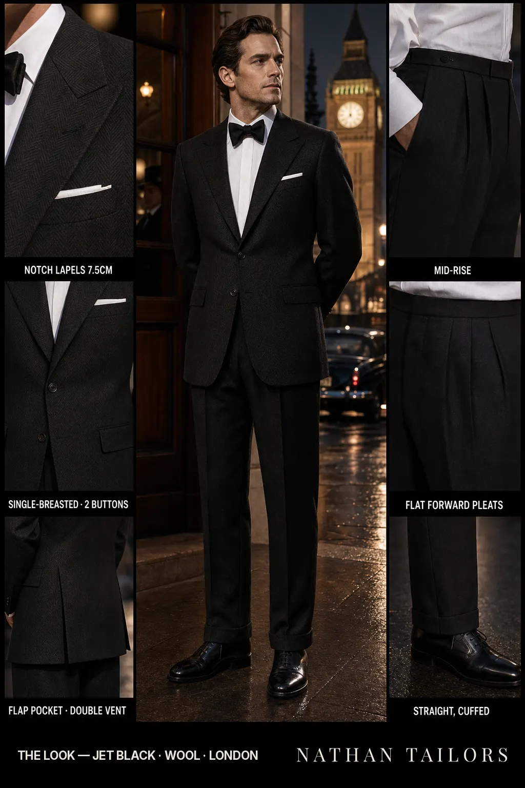 jet black herringbone single-breasted notch-lapel bespoke suit — AI-rendered by Nathan Tailors, the Hoi An custom tailor. Available as a custom tailored suit from $149.