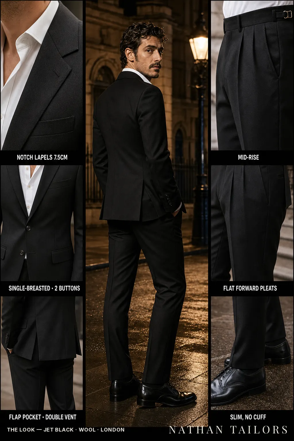jet black herringbone single-breasted notch-lapel bespoke suit โ AI-rendered by Nathan Tailors, the Hoi An custom tailor. Available as a custom tailored suit from $149.