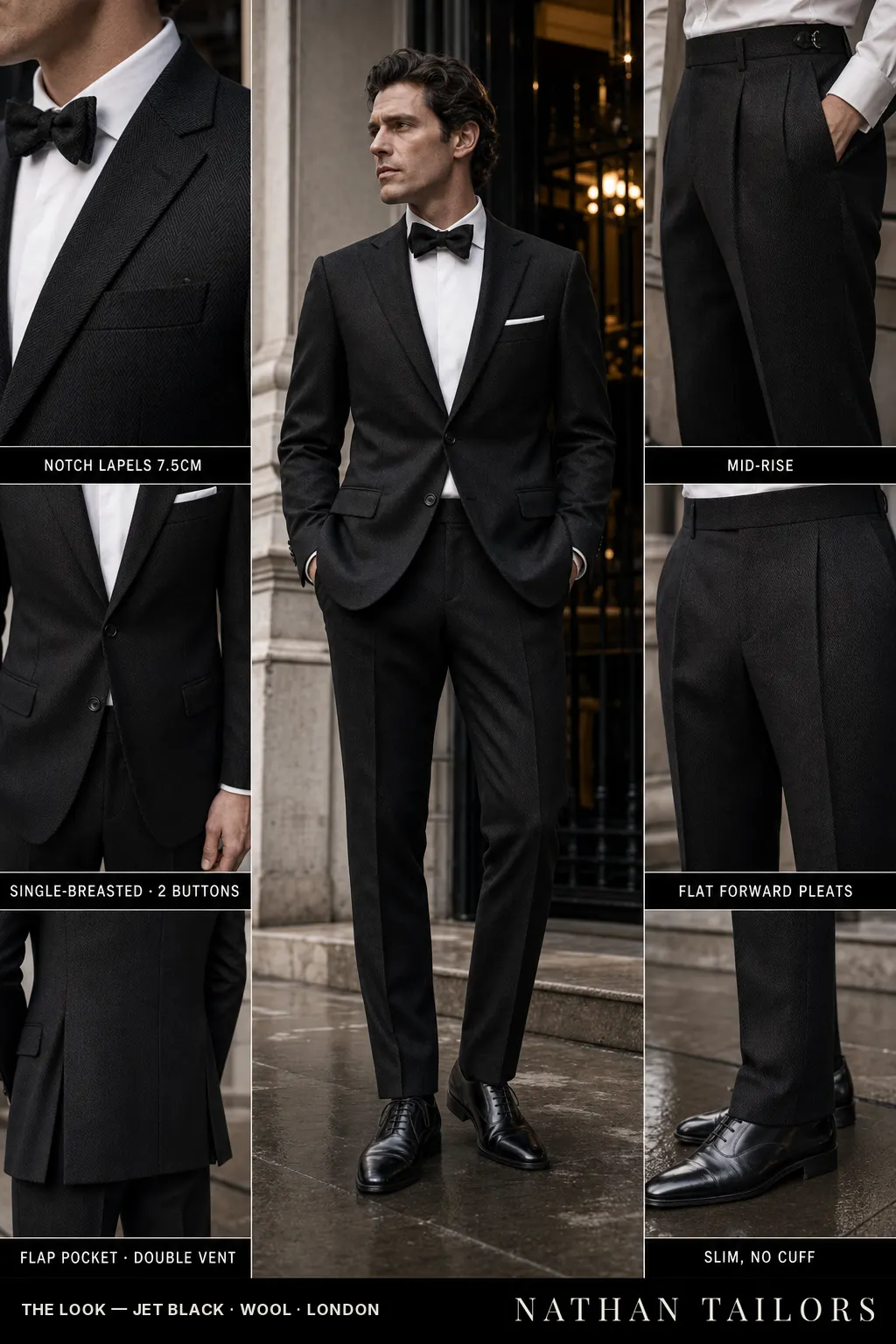jet black herringbone single-breasted notch-lapel bespoke suit — AI-rendered by Nathan Tailors, the Hoi An custom tailor. Available as a custom tailored suit from $149.