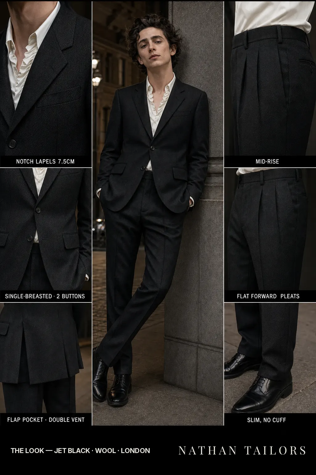 jet black herringbone single-breasted notch-lapel bespoke suit โ AI-rendered by Nathan Tailors, the Hoi An custom tailor. Available as a custom tailored suit from $149.