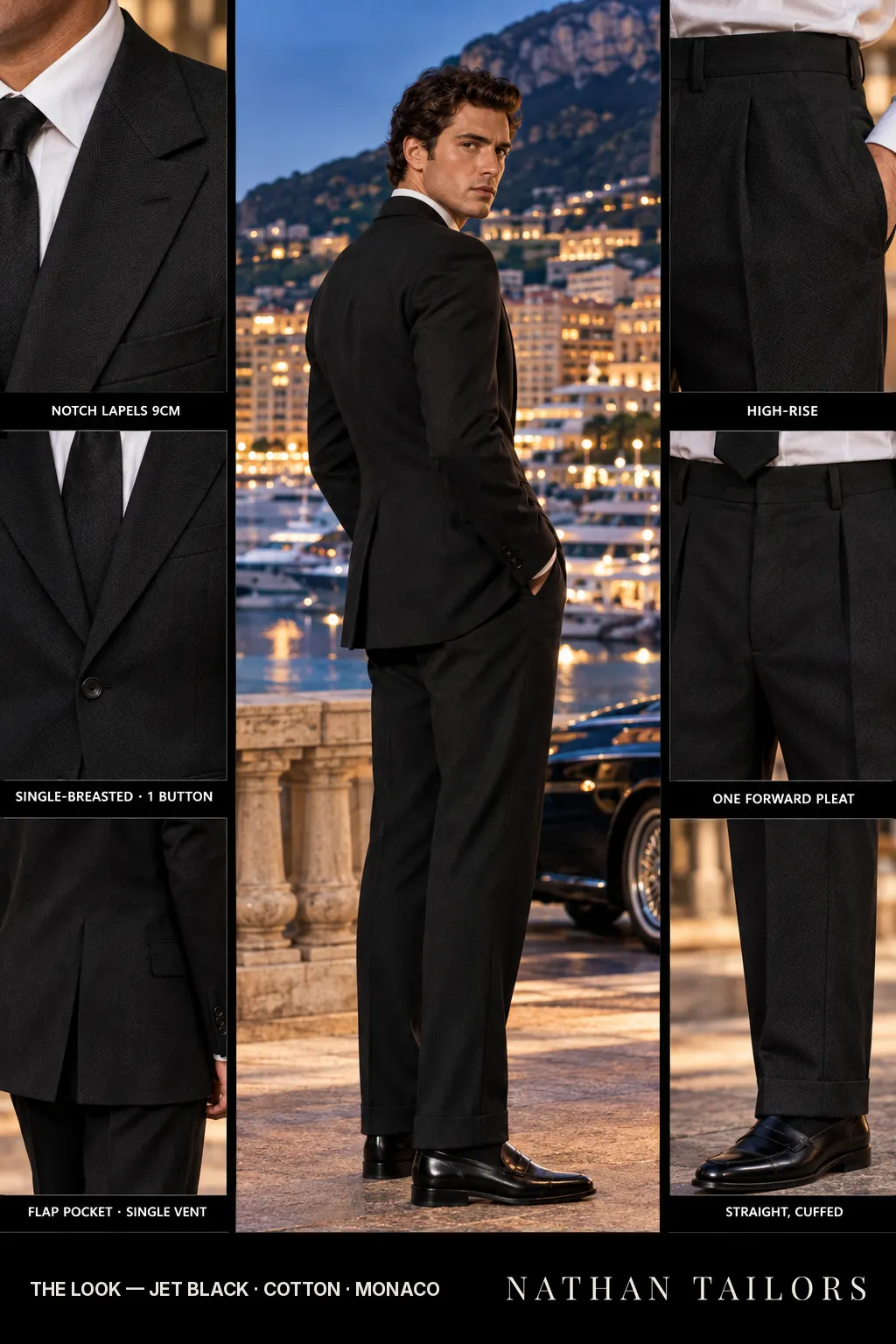 jet black herringbone single-breasted bespoke suit โ custom tailored by Nathan Tailors, the Hoi An custom tailor