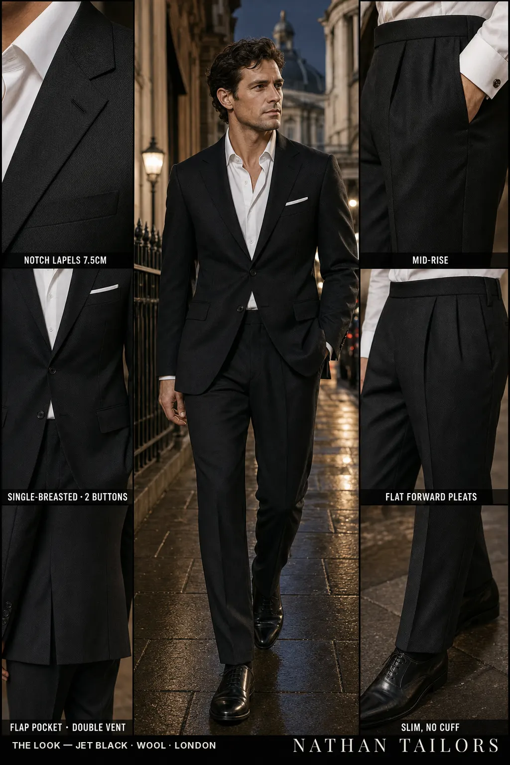 jet black herringbone single-breasted notch-lapel bespoke suit โ AI-rendered by Nathan Tailors, the Hoi An custom tailor. Available as a custom tailored suit from $149.