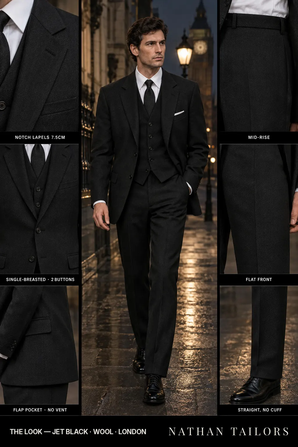 jet black herringbone single-breasted bespoke suit โ custom tailored by Nathan Tailors, the Hoi An custom tailor