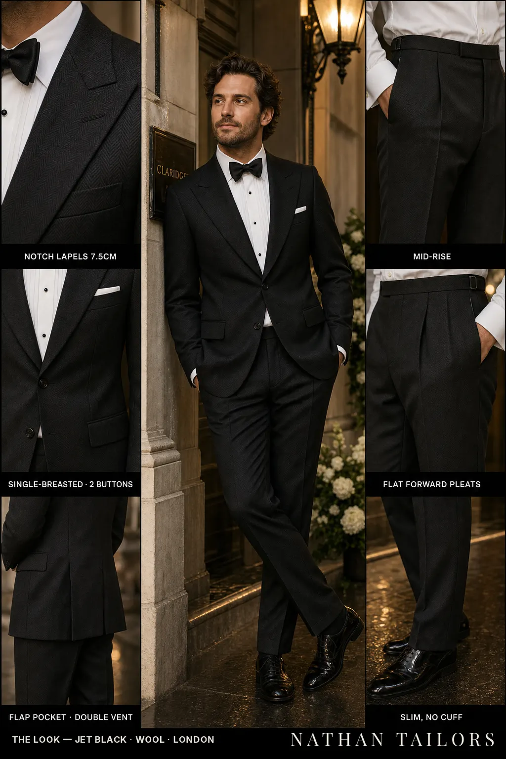 jet black herringbone single-breasted notch-lapel bespoke suit โ AI-rendered by Nathan Tailors, the Hoi An custom tailor. Available as a custom tailored suit from $149.