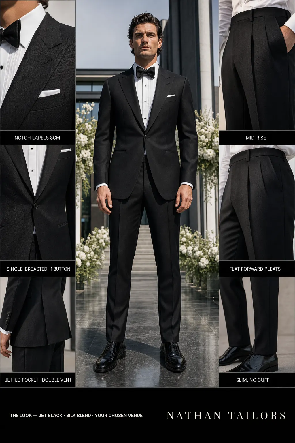 jet black herringbone single-breasted notch-lapel bespoke suit โ AI-rendered by Nathan Tailors, the Hoi An custom tailor. Available as a custom tailored suit from $149.
