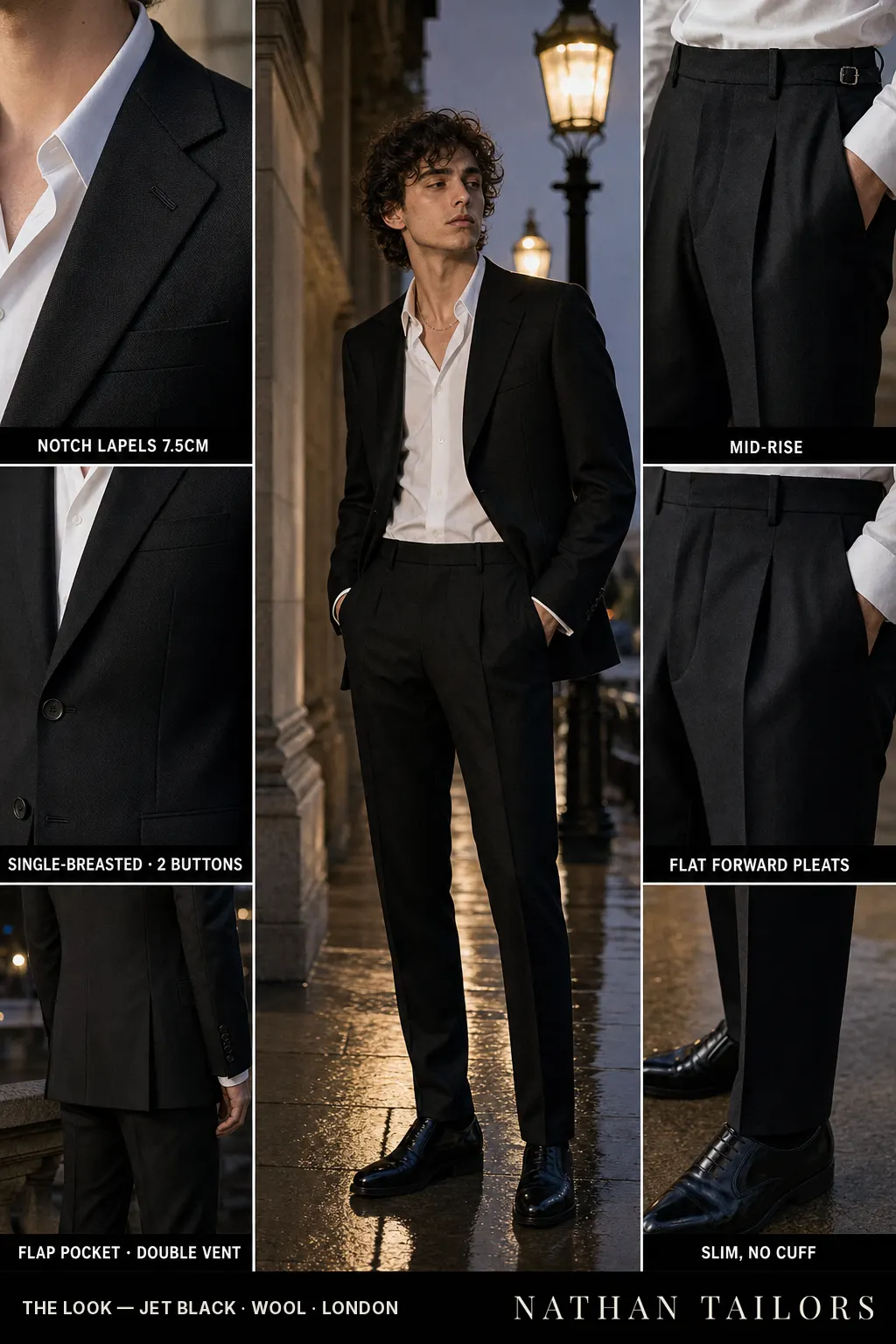 jet black herringbone single-breasted notch-lapel bespoke suit โ AI-rendered by Nathan Tailors, the Hoi An custom tailor. Available as a custom tailored suit from $149.