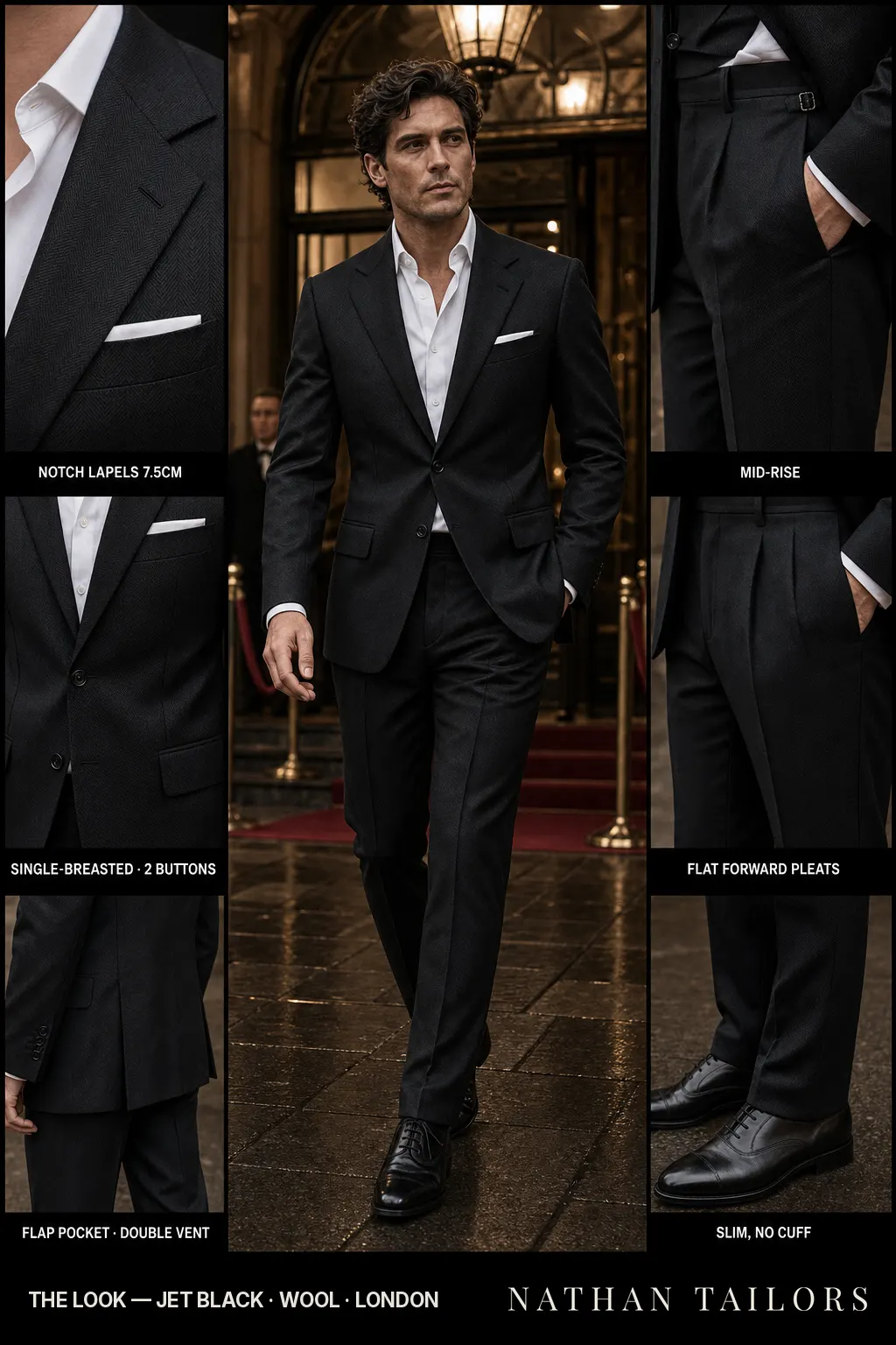 jet black herringbone single-breasted notch-lapel bespoke suit โ AI-rendered by Nathan Tailors, the Hoi An custom tailor. Available as a custom tailored suit from $149.