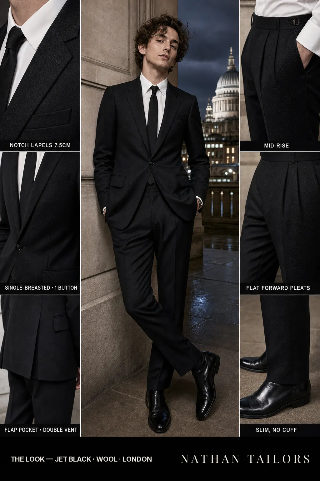 jet black herringbone single-breasted notch-lapel bespoke suit โ AI-rendered by Nathan Tailors, the Hoi An custom tailor. Available as a custom tailored suit from $149.