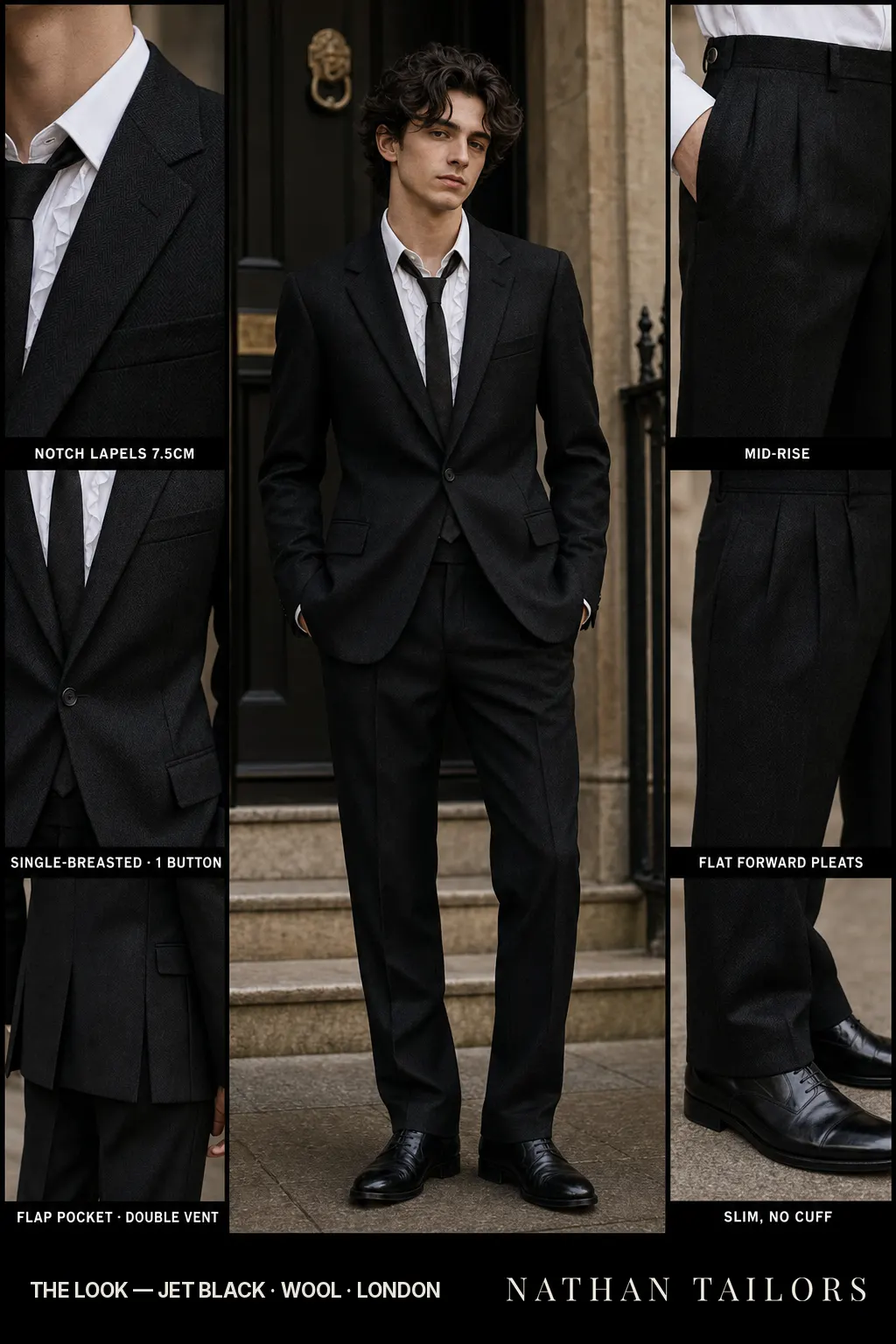 jet black herringbone single-breasted notch-lapel bespoke suit โ AI-rendered by Nathan Tailors, the Hoi An custom tailor. Available as a custom tailored suit from $149.