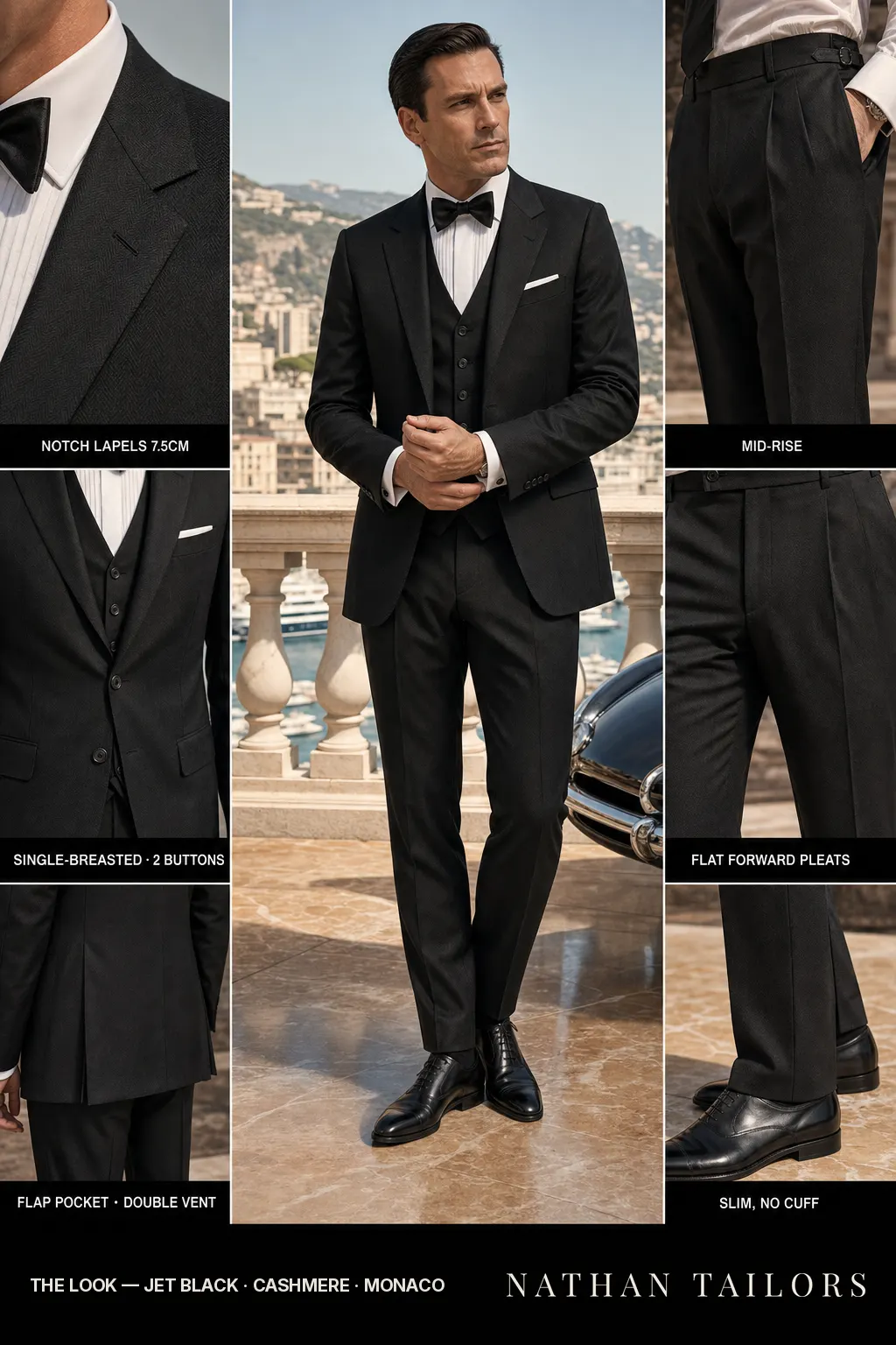 jet black herringbone single-breasted notch-lapel bespoke suit — AI-rendered by Nathan Tailors, the Hoi An custom tailor. Available as a custom tailored suit from $149.