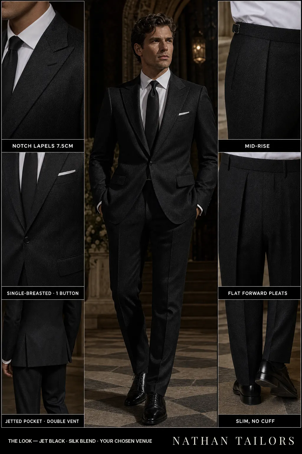 jet black herringbone single-breasted notch-lapel bespoke suit โ AI-rendered by Nathan Tailors, the Hoi An custom tailor. Available as a custom tailored suit from $149.