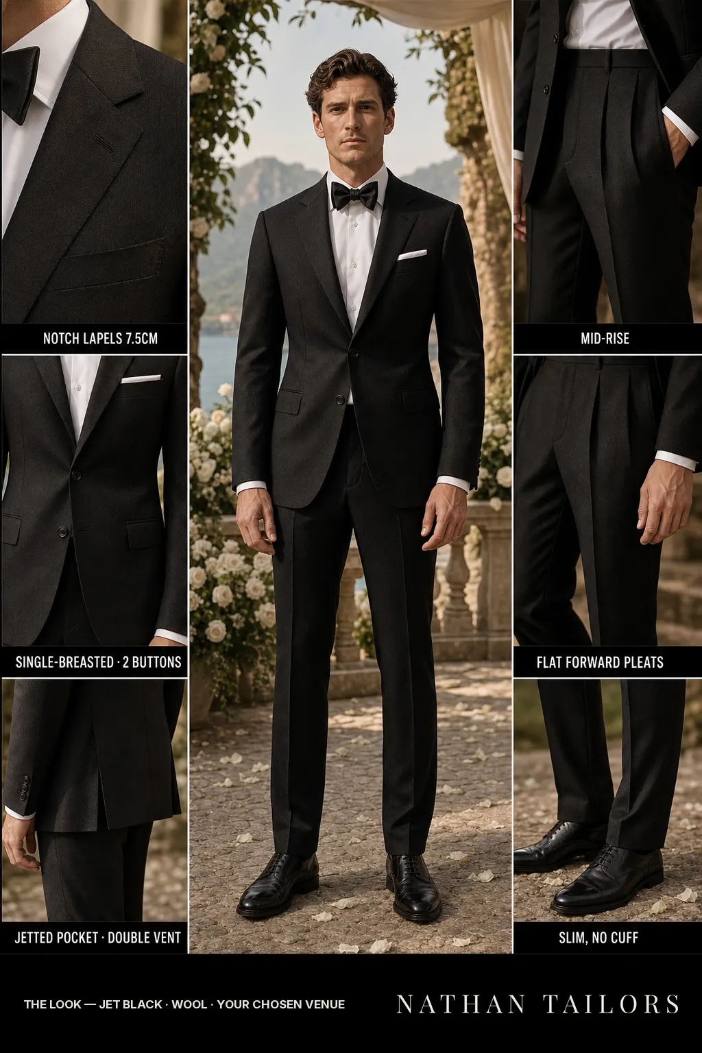 jet black herringbone single-breasted notch-lapel bespoke suit โ AI-rendered by Nathan Tailors, the Hoi An custom tailor. Available as a custom tailored suit from $149.