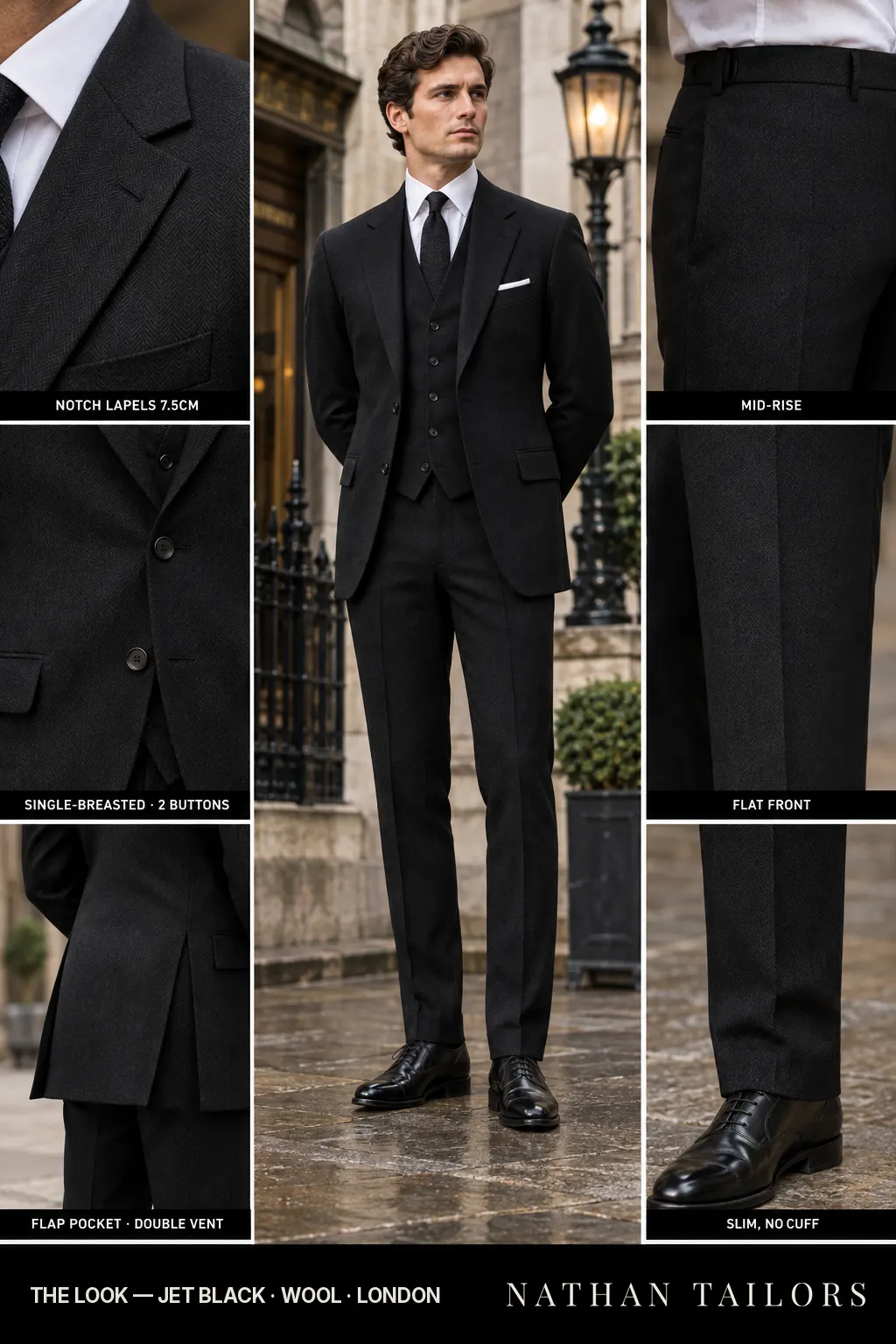 jet black herringbone single-breasted bespoke suit โ custom tailored by Nathan Tailors, the Hoi An custom tailor