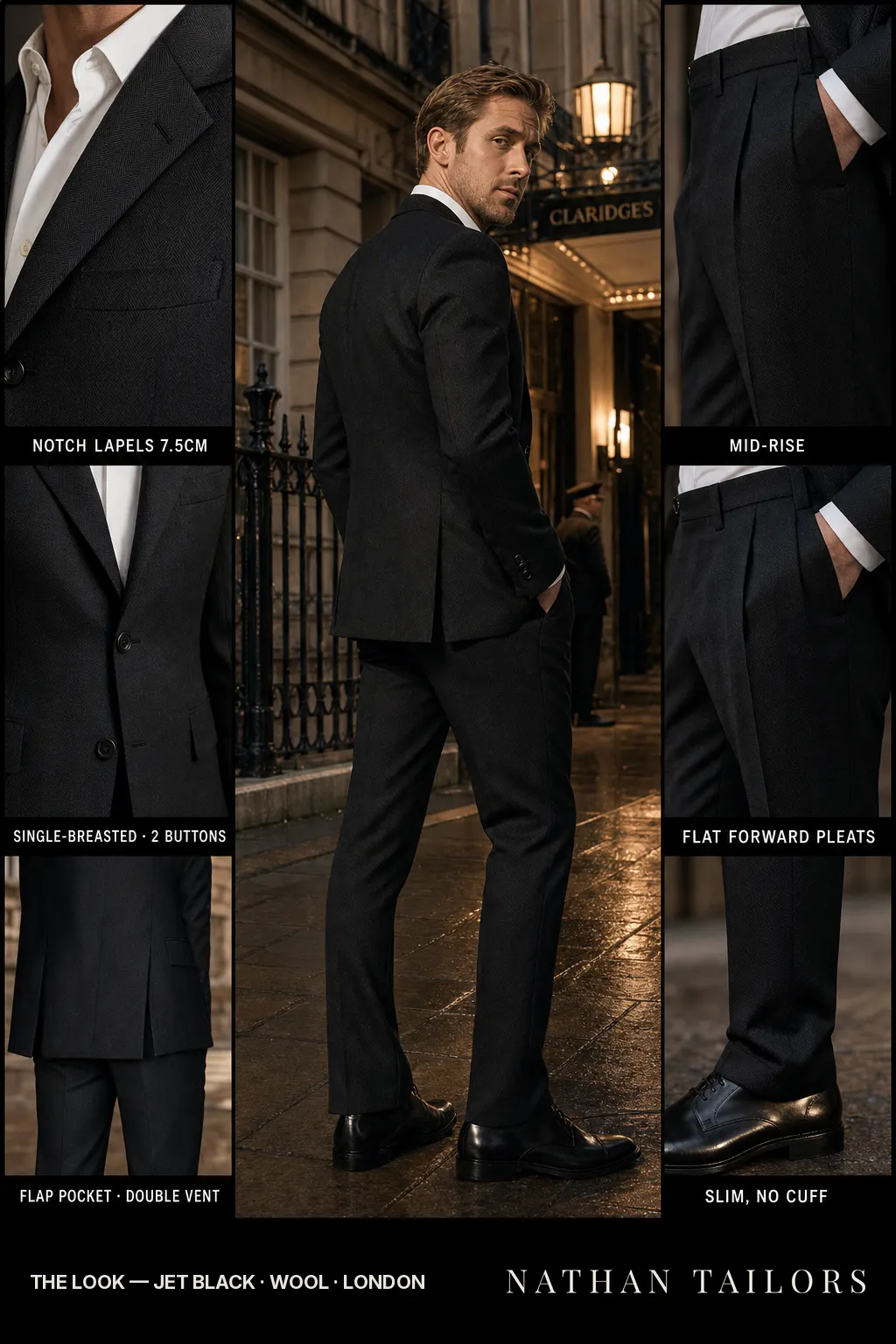 jet black herringbone single-breasted notch-lapel bespoke suit — AI-rendered by Nathan Tailors, the Hoi An custom tailor. Available as a custom tailored suit from $149.