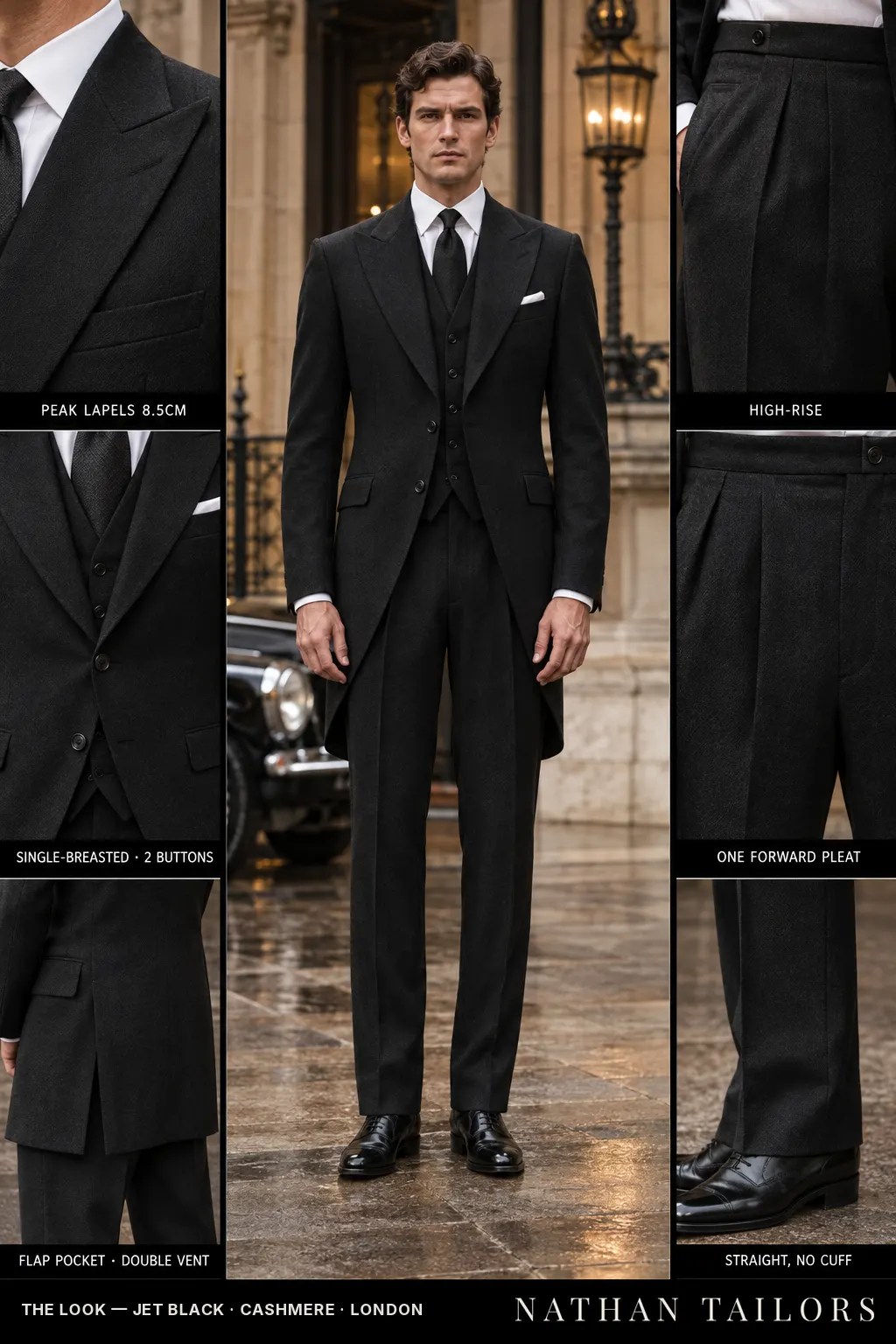 jet black herringbone single-breasted bespoke suit โ custom tailored by Nathan Tailors, the Hoi An custom tailor
