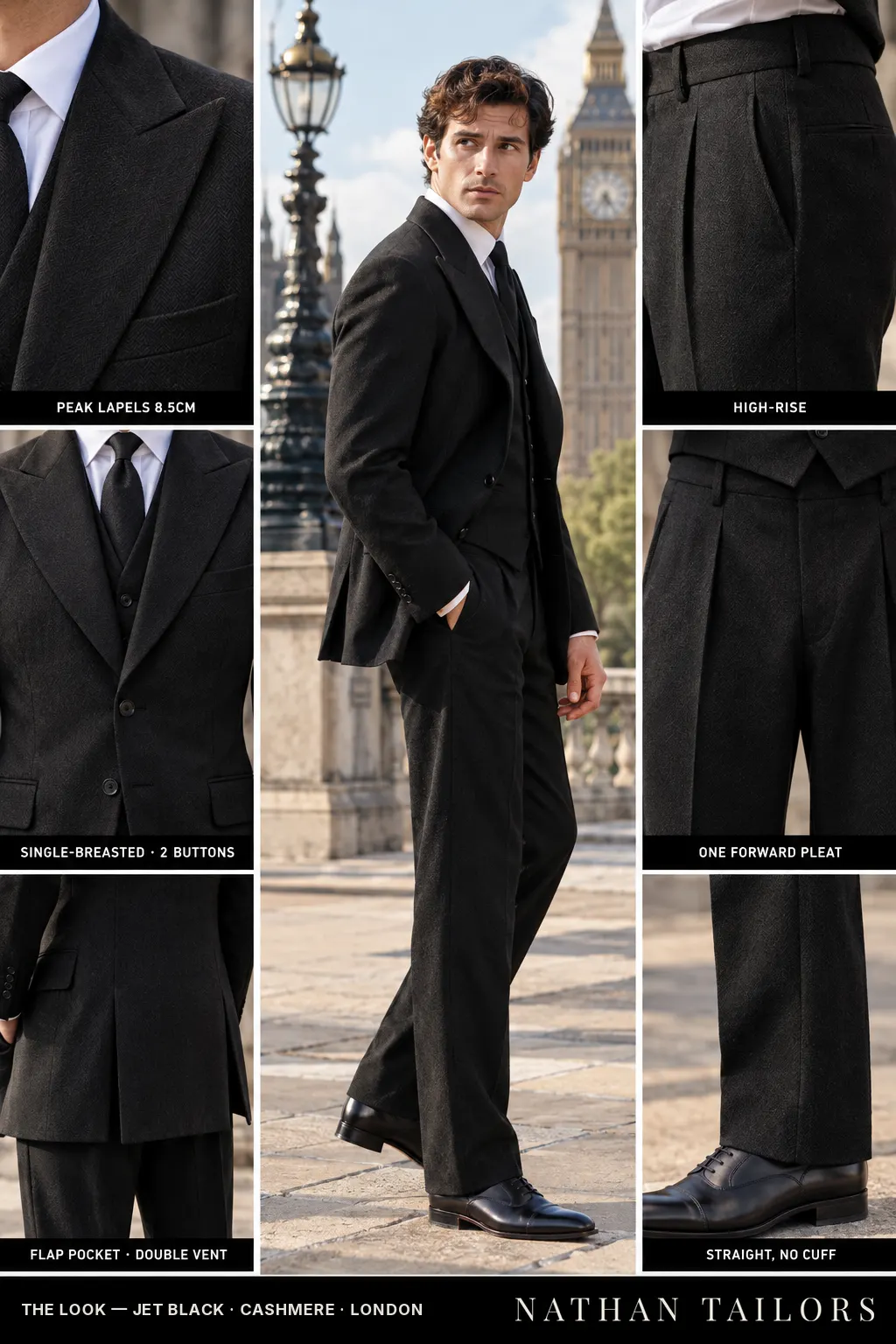 jet black herringbone single-breasted bespoke suit โ custom tailored by Nathan Tailors, the Hoi An custom tailor