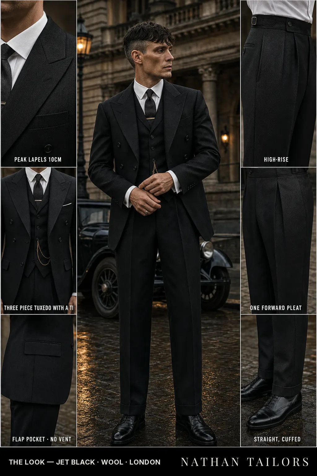 jet black herringbone single-breasted peak-lapel bespoke suit — AI-rendered by Nathan Tailors, the Hoi An custom tailor. Available as a custom tailored suit from $149.