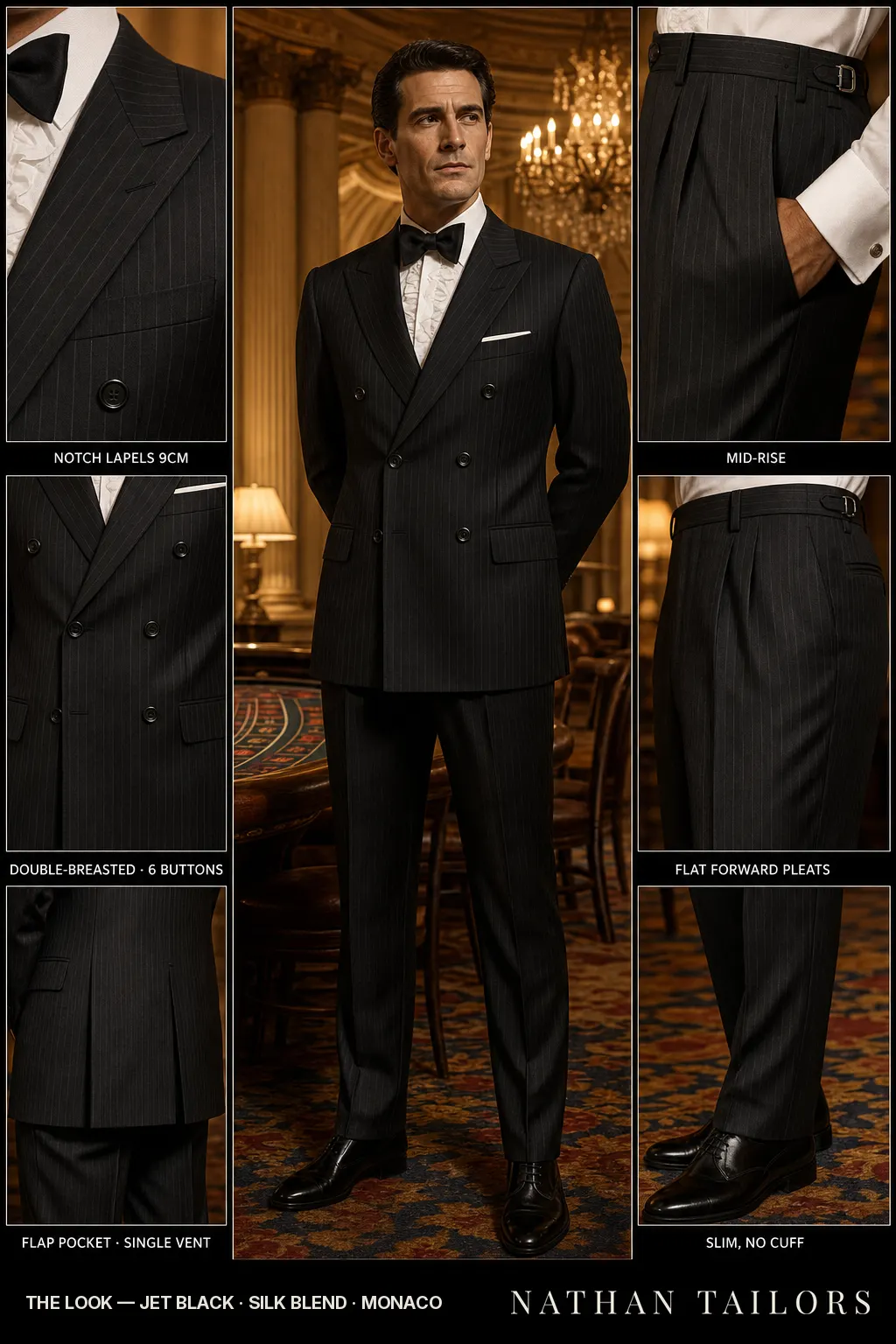 jet black pinstripe double-breasted notch-lapel bespoke suit โ AI-rendered by Nathan Tailors, the Hoi An custom tailor. Available as a custom tailored suit from $149.