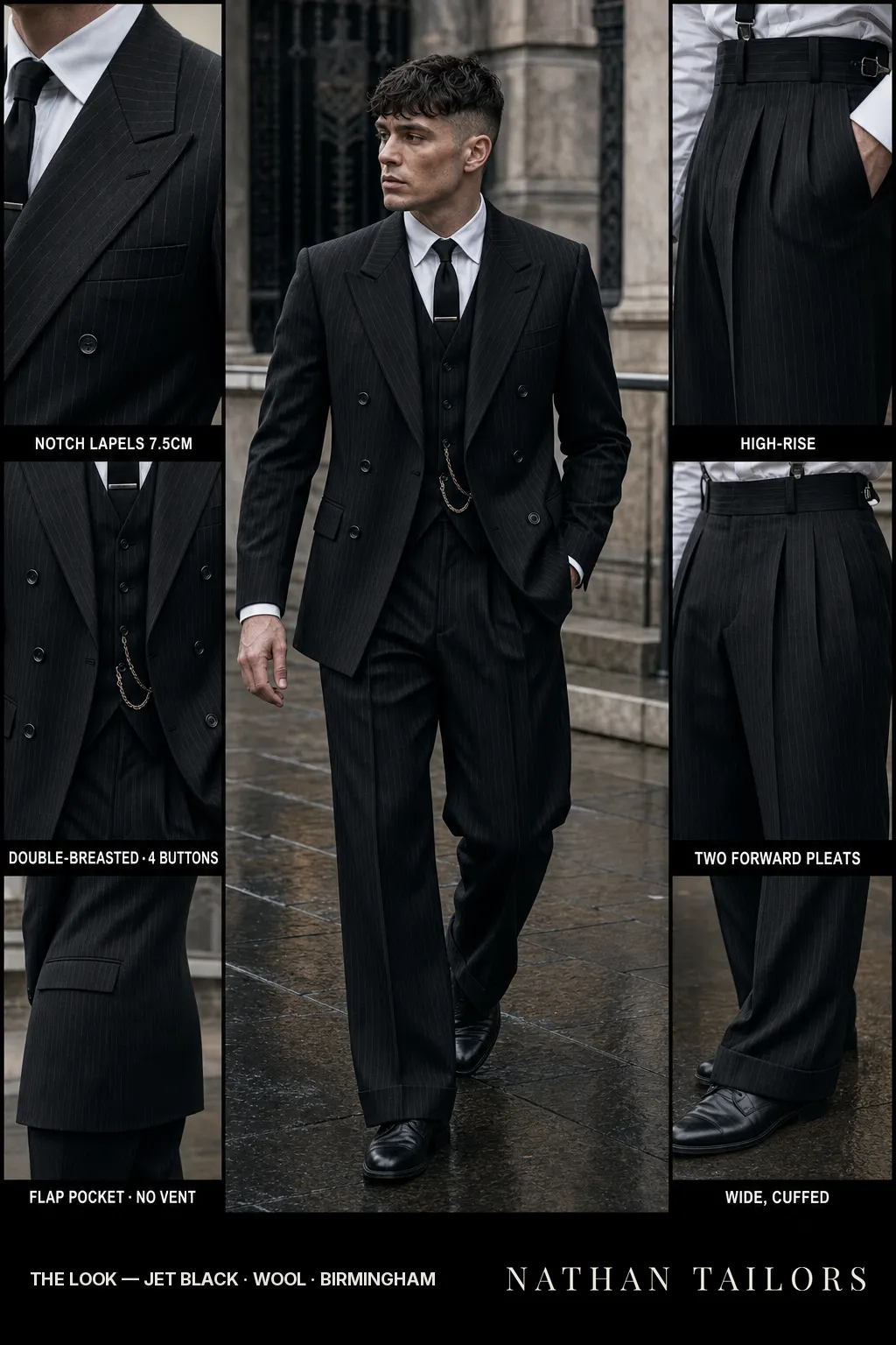 jet black pinstripe double-breasted notch-lapel bespoke suit — AI-rendered by Nathan Tailors, the Hoi An custom tailor. Available as a custom tailored suit from $149.