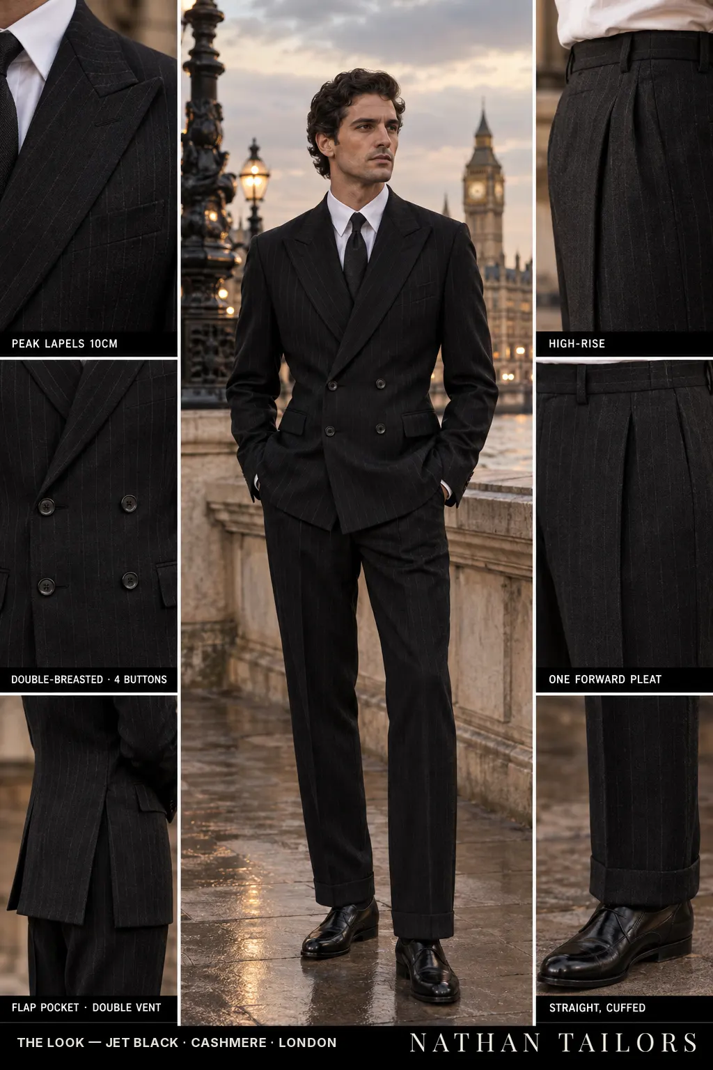 jet black pinstripe double-breasted peak-lapel bespoke suit — AI-rendered by Nathan Tailors, the Hoi An custom tailor. Available as a custom tailored suit from $169.