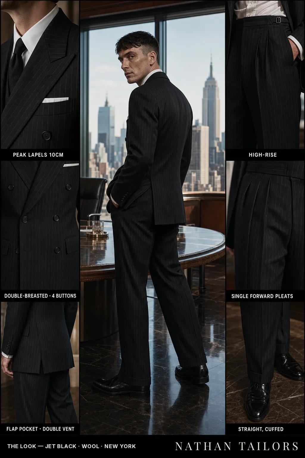 jet black pinstripe double-breasted peak-lapel bespoke suit — AI-rendered by Nathan Tailors, the Hoi An custom tailor. Available as a custom tailored suit from $149.