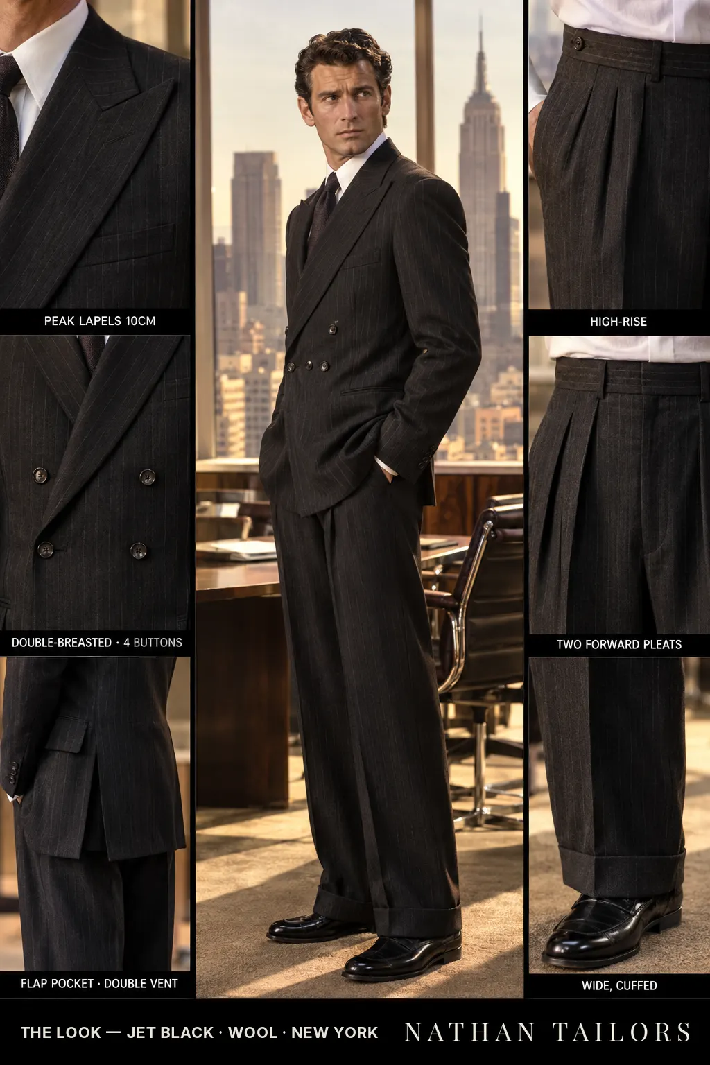 jet black pinstripe double-breasted peak-lapel bespoke suit โ AI-rendered by Nathan Tailors, the Hoi An custom tailor. Available as a custom tailored suit from $149.