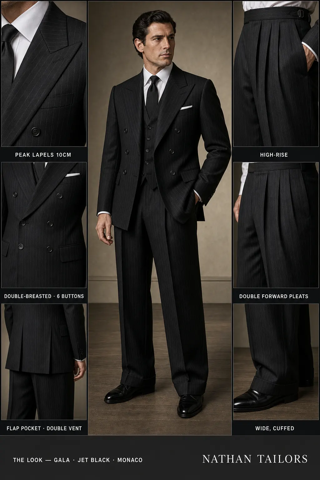 jet black pinstripe double-breasted peak-lapel bespoke suit โ AI-rendered by Nathan Tailors, the Hoi An custom tailor. Available as a custom tailored suit from $149.