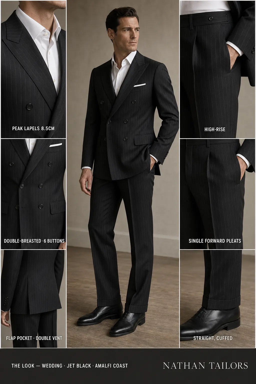 jet black pinstripe double-breasted peak-lapel bespoke suit — AI-rendered by Nathan Tailors, the Hoi An custom tailor. Available as a custom tailored suit from $149.