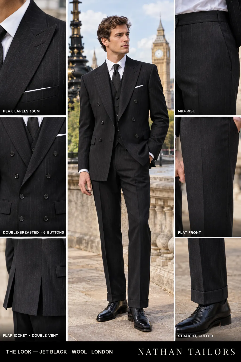 jet black pinstripe double-breasted bespoke suit — custom tailored by Nathan Tailors, the Hoi An custom tailor