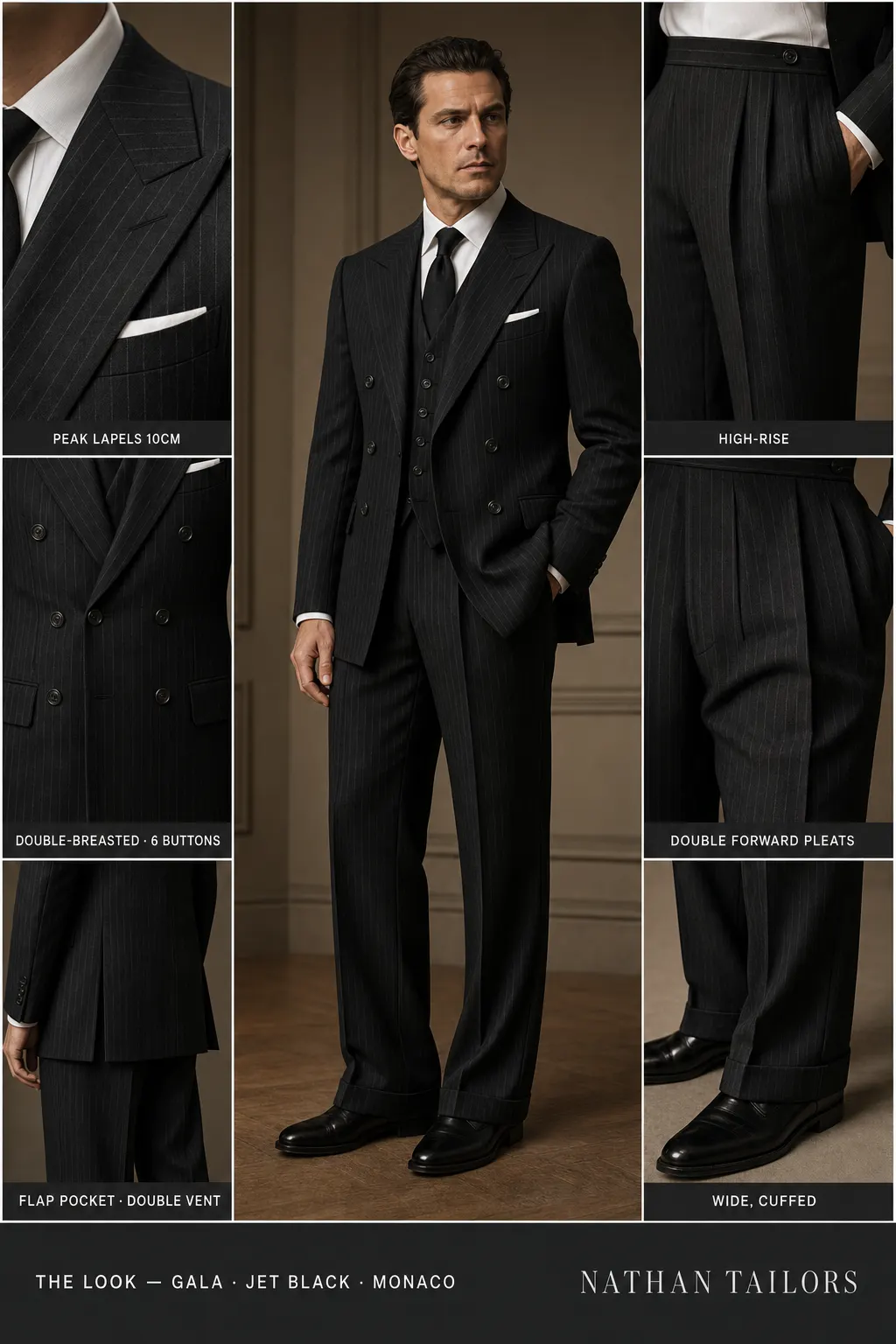 jet black pinstripe double-breasted peak-lapel bespoke suit โ AI-rendered by Nathan Tailors, the Hoi An custom tailor. Available as a custom tailored suit from $149.