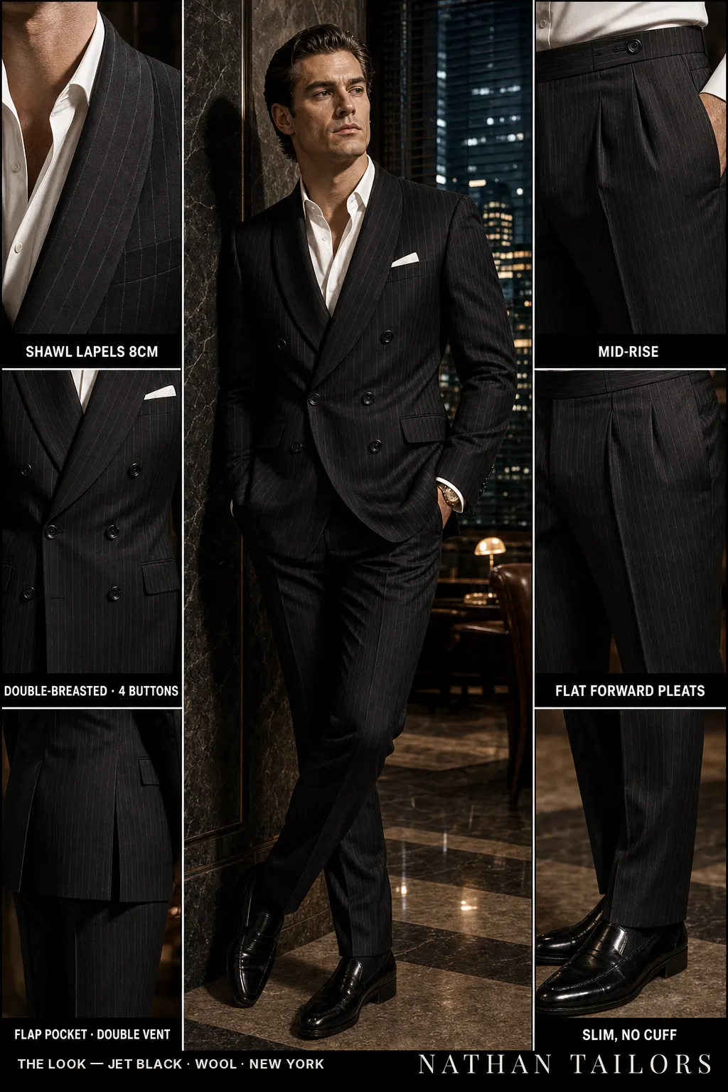jet black pinstripe double-breasted shawl-lapel bespoke suit — AI-rendered by Nathan Tailors, the Hoi An custom tailor. Available as a custom tailored suit from $149.