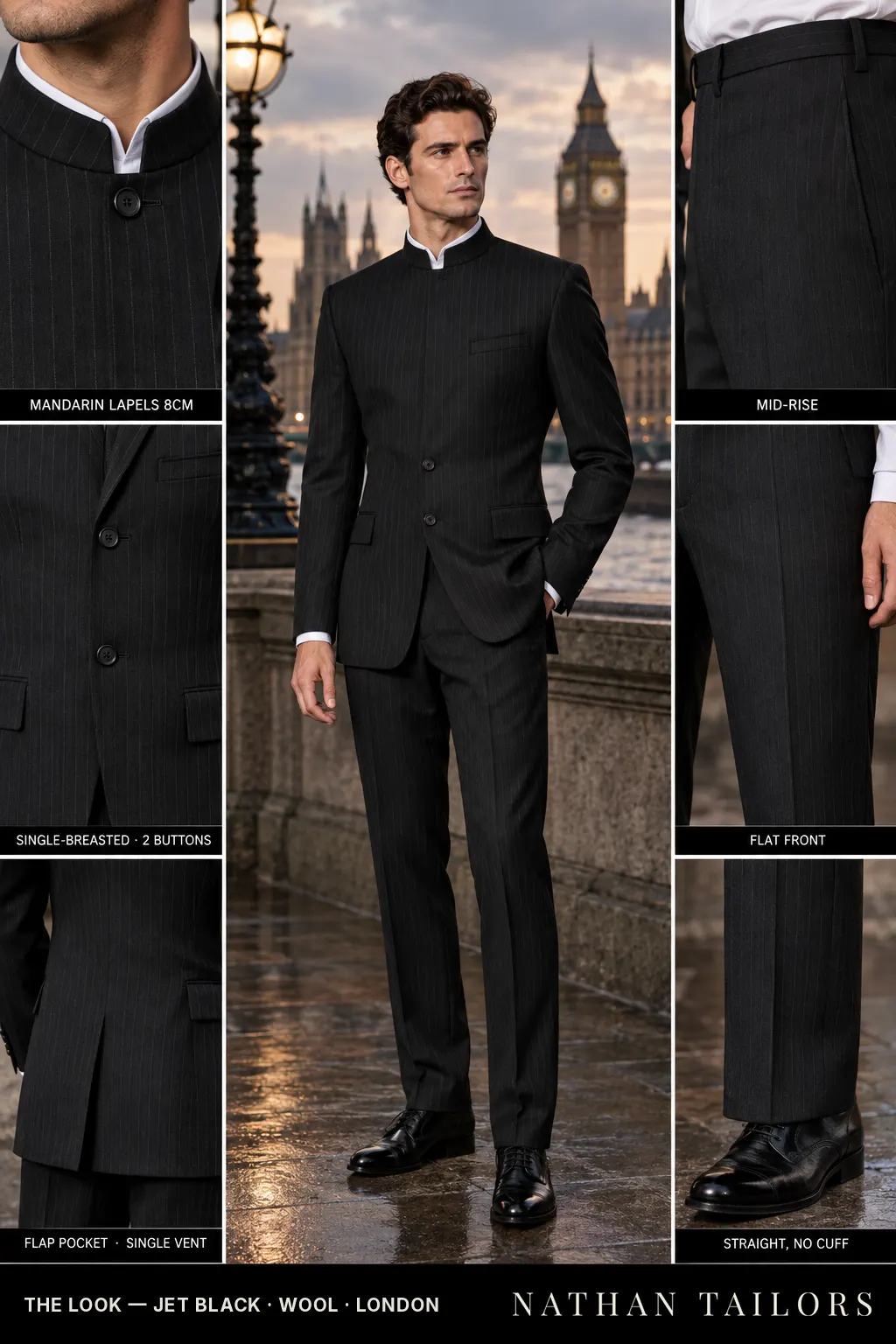 jet black pinstripe single-breasted bespoke suit โ custom tailored by Nathan Tailors, the Hoi An custom tailor