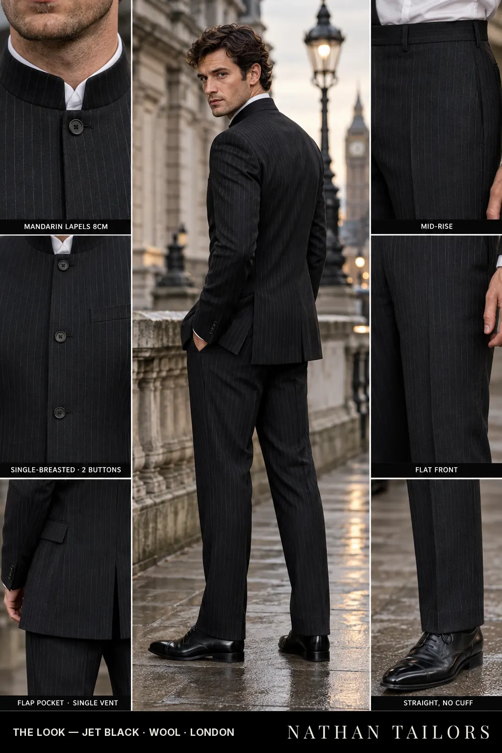 jet black pinstripe single-breasted bespoke suit โ custom tailored by Nathan Tailors, the Hoi An custom tailor
