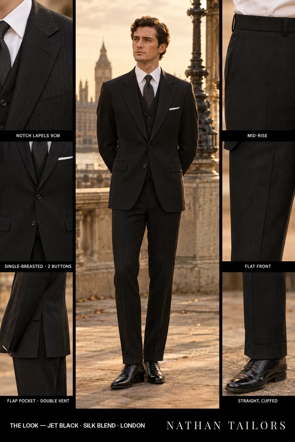 jet black pinstripe single-breasted notch-lapel bespoke suit โ AI-rendered by Nathan Tailors, the Hoi An custom tailor. Available as a custom tailored suit from $149.