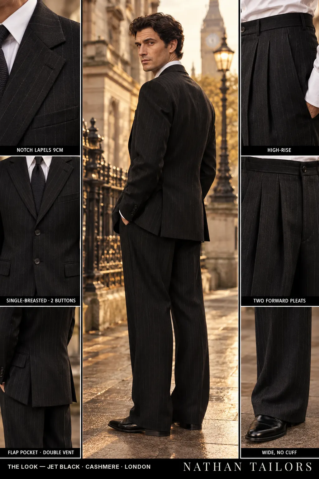 jet black pinstripe single-breasted bespoke suit โ custom tailored by Nathan Tailors, the Hoi An custom tailor