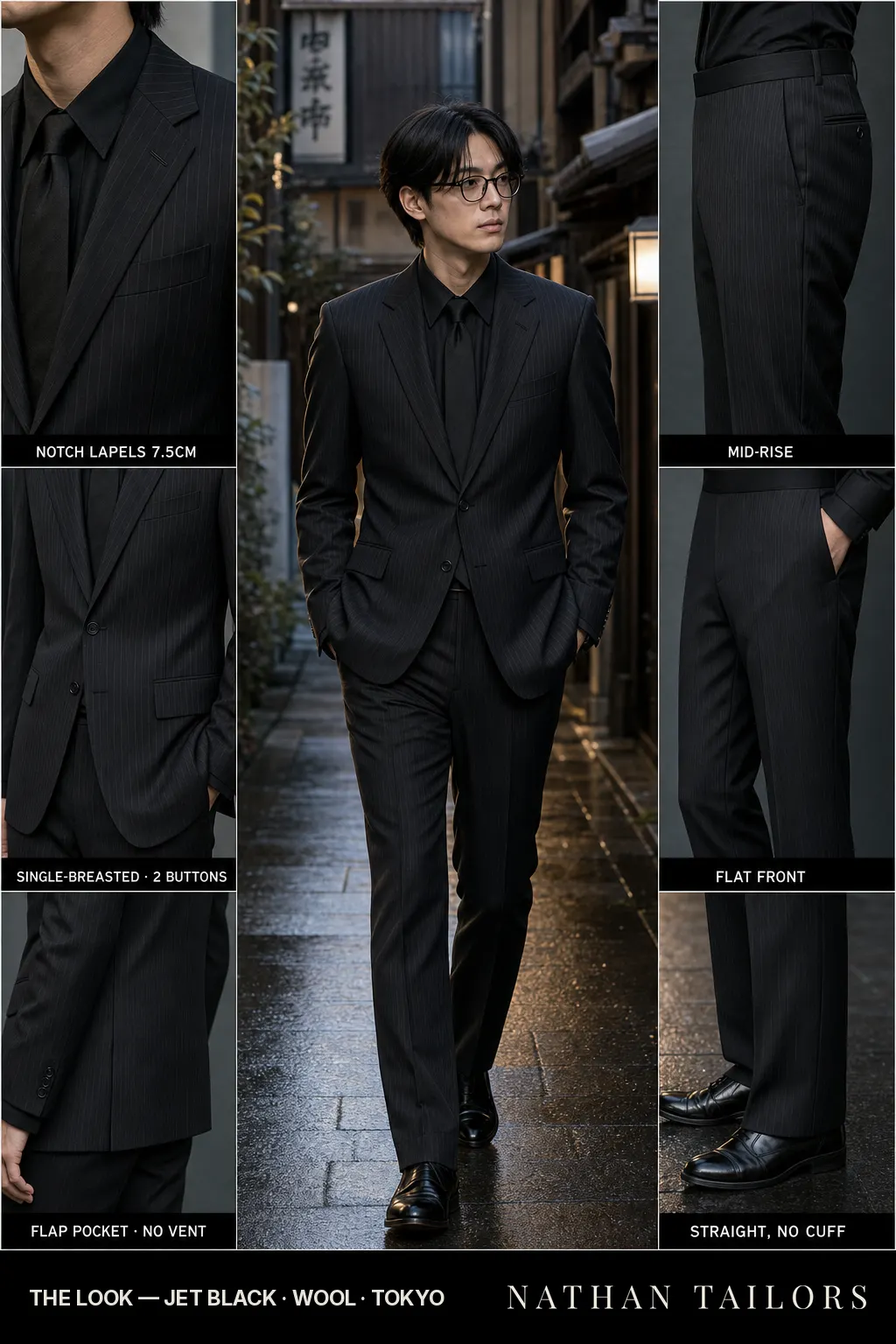 jet black pinstripe single-breasted notch-lapel bespoke suit — AI-rendered by Nathan Tailors, the Hoi An custom tailor. Available as a custom tailored suit from $149.