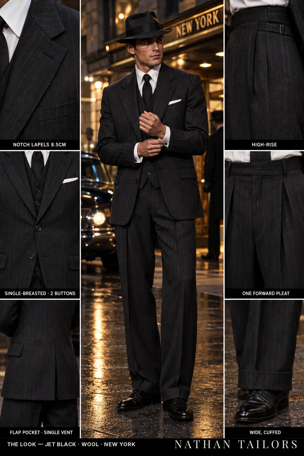 jet black pinstripe single-breasted notch-lapel bespoke suit โ AI-rendered by Nathan Tailors, the Hoi An custom tailor. Available as a custom tailored suit from $169.