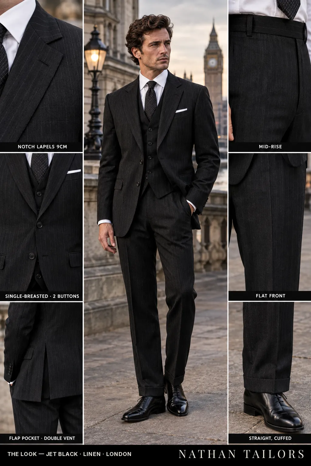 jet black pinstripe single-breasted notch-lapel bespoke suit โ AI-rendered by Nathan Tailors, the Hoi An custom tailor. Available as a custom tailored suit from $149.