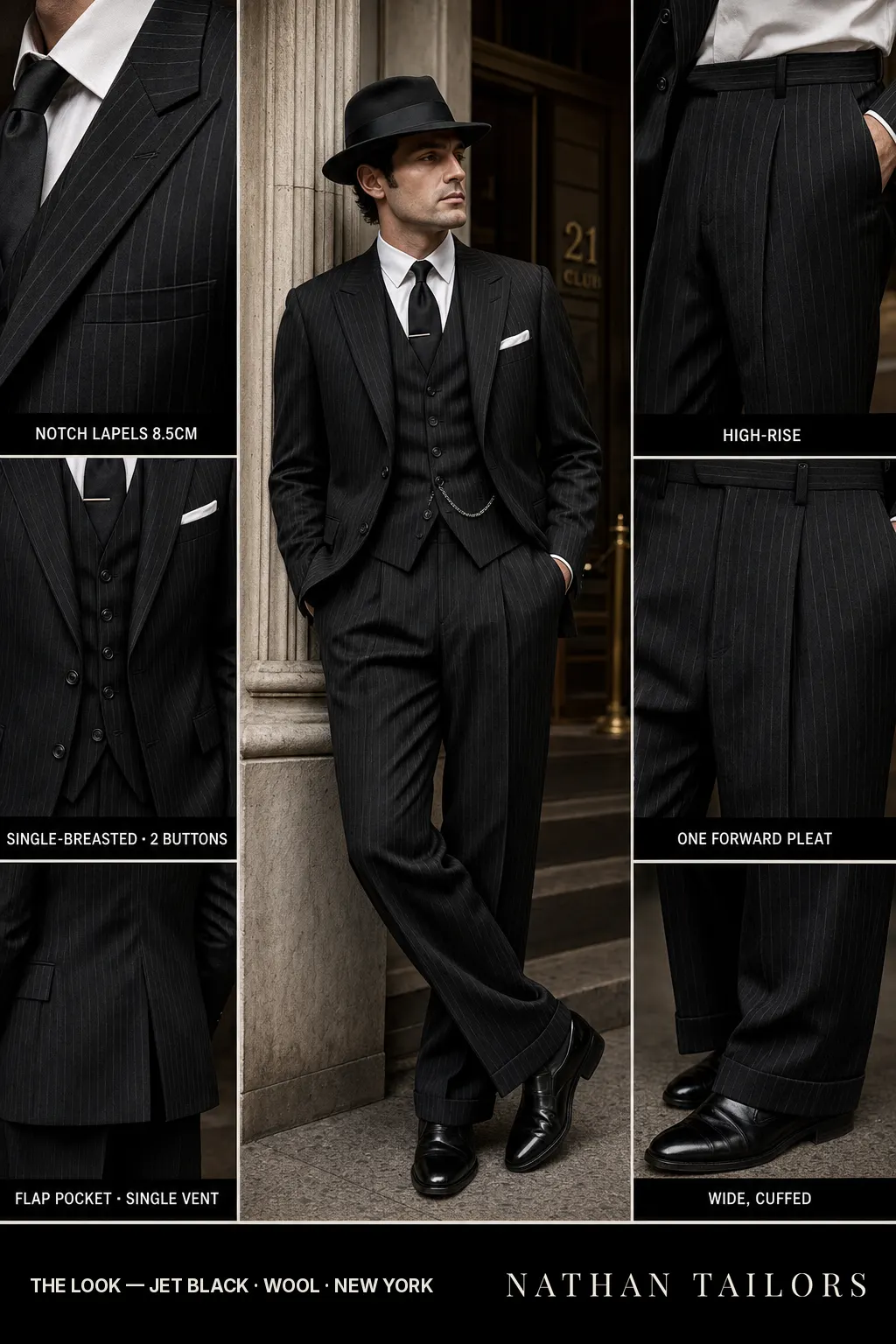 jet black pinstripe single-breasted notch-lapel bespoke suit โ AI-rendered by Nathan Tailors, the Hoi An custom tailor. Available as a custom tailored suit from $149.