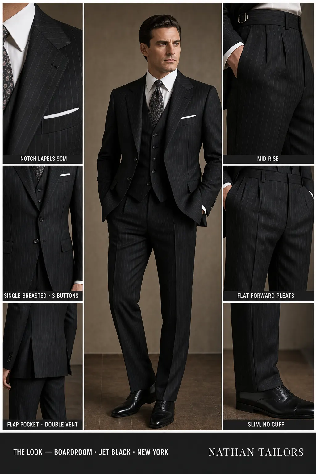 jet black pinstripe single-breasted notch-lapel bespoke suit โ AI-rendered by Nathan Tailors, the Hoi An custom tailor. Available as a custom tailored suit from $149.