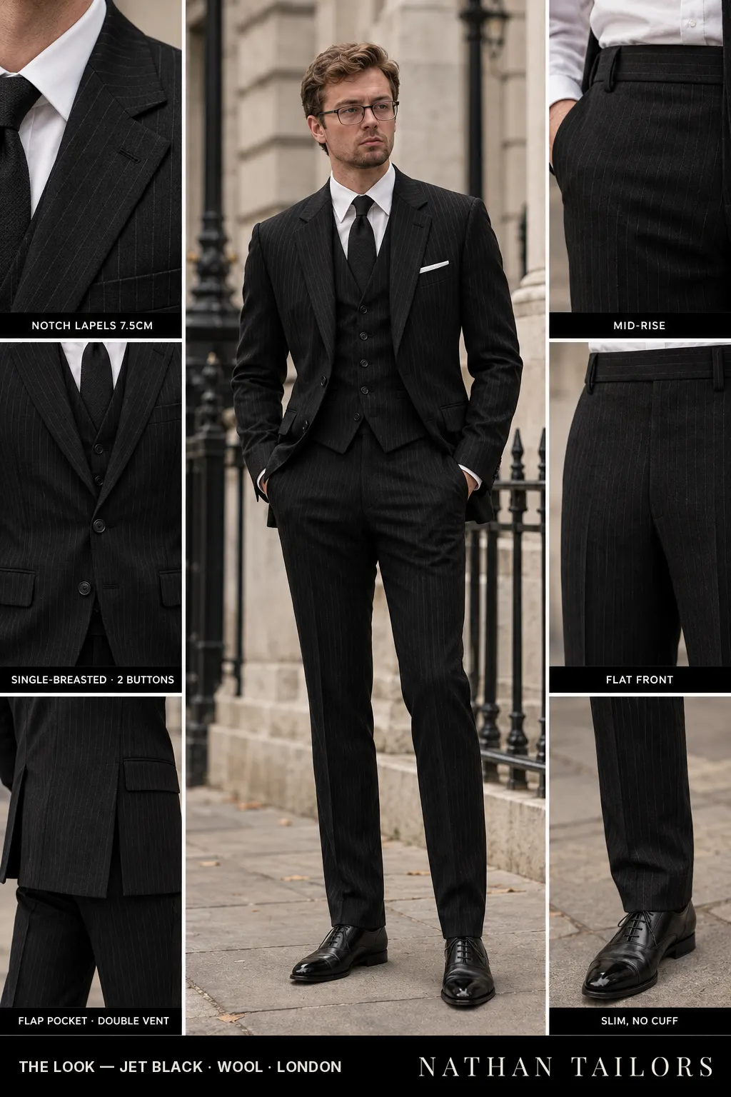 jet black pinstripe single-breasted bespoke suit — custom tailored by Nathan Tailors, the Hoi An custom tailor