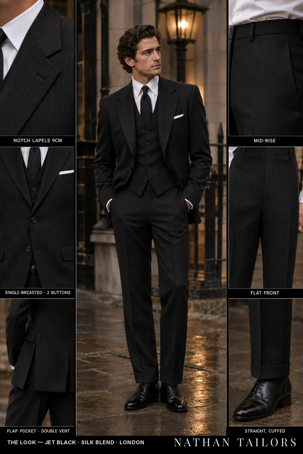 jet black pinstripe single-breasted bespoke suit โ custom tailored by Nathan Tailors, the Hoi An custom tailor