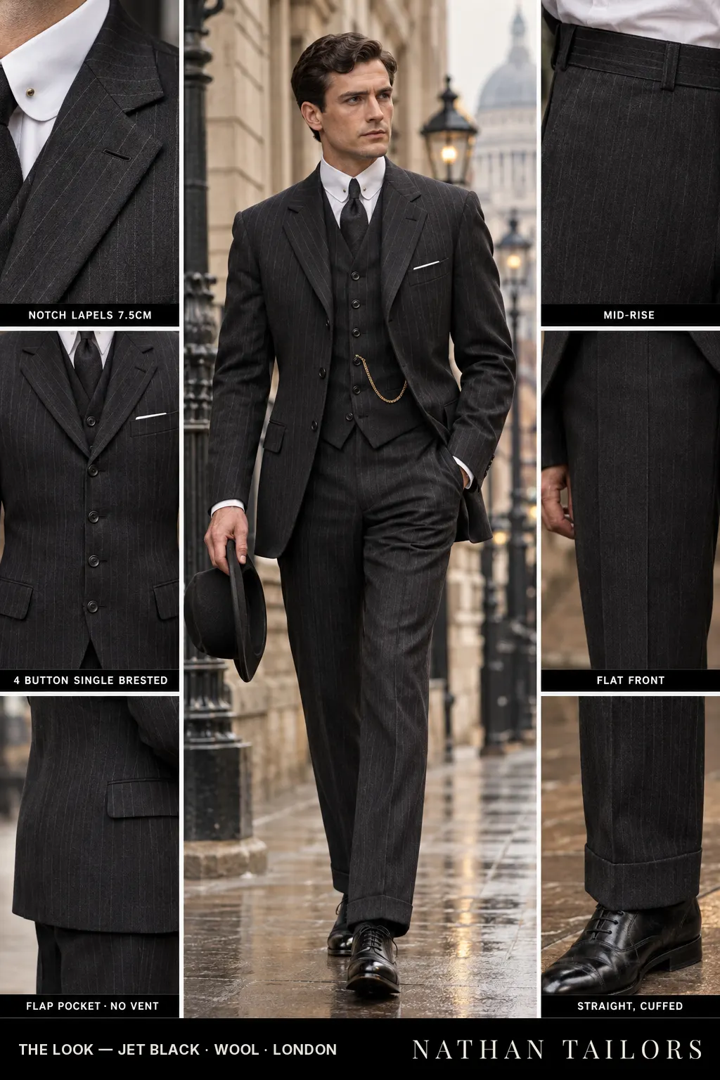 jet black pinstripe single-breasted bespoke suit — custom tailored by Nathan Tailors, the Hoi An custom tailor