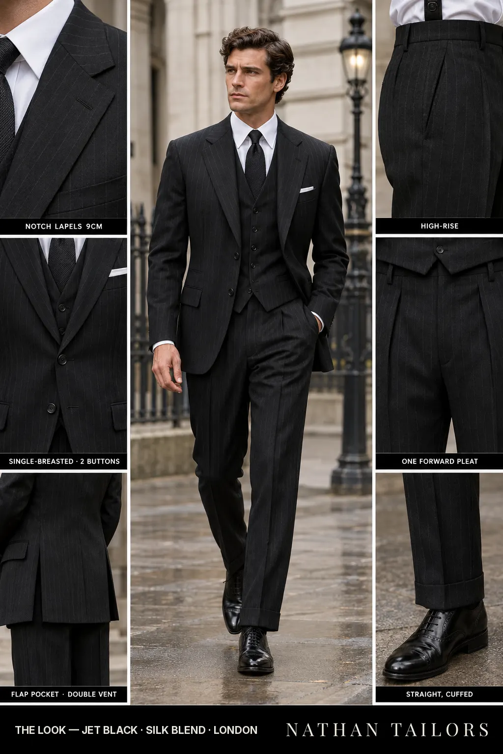 jet black pinstripe single-breasted notch-lapel bespoke suit — AI-rendered by Nathan Tailors, the Hoi An custom tailor. Available as a custom tailored suit from $169.