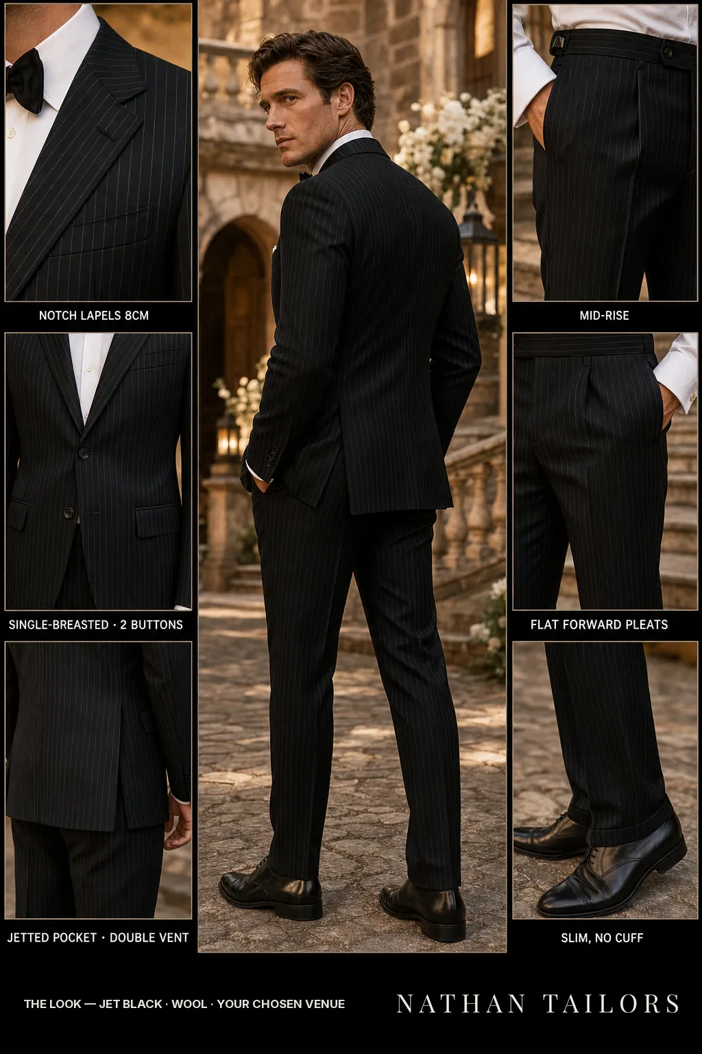 jet black pinstripe single-breasted notch-lapel bespoke suit โ AI-rendered by Nathan Tailors, the Hoi An custom tailor. Available as a custom tailored suit from $149.