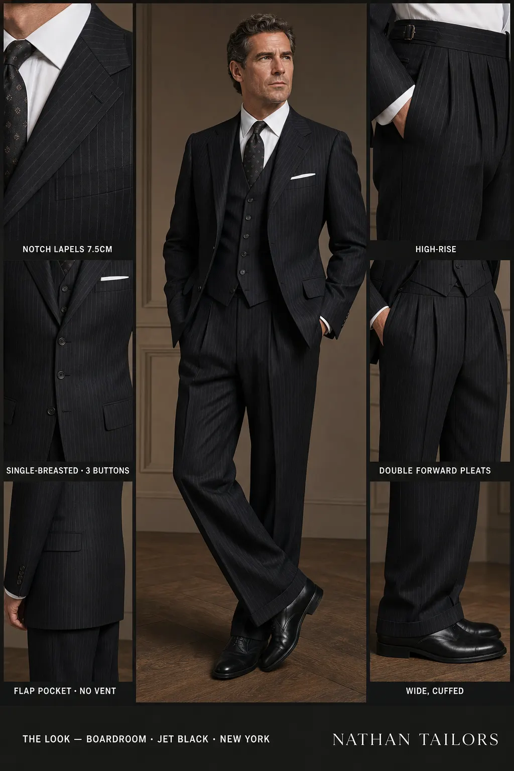 jet black pinstripe single-breasted notch-lapel bespoke suit โ AI-rendered by Nathan Tailors, the Hoi An custom tailor. Available as a custom tailored suit from $149.