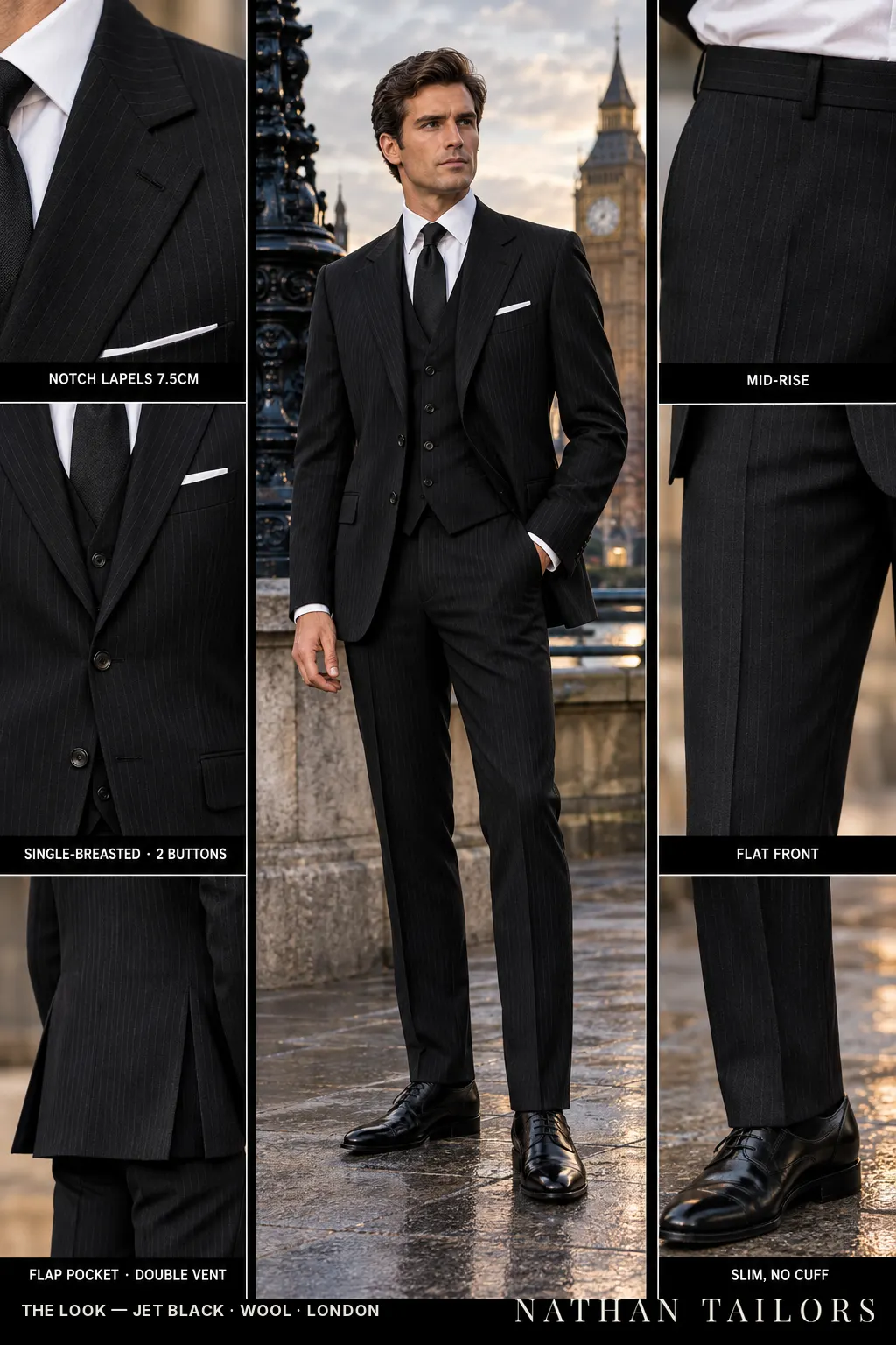 jet black pinstripe single-breasted bespoke suit — custom tailored by Nathan Tailors, the Hoi An custom tailor