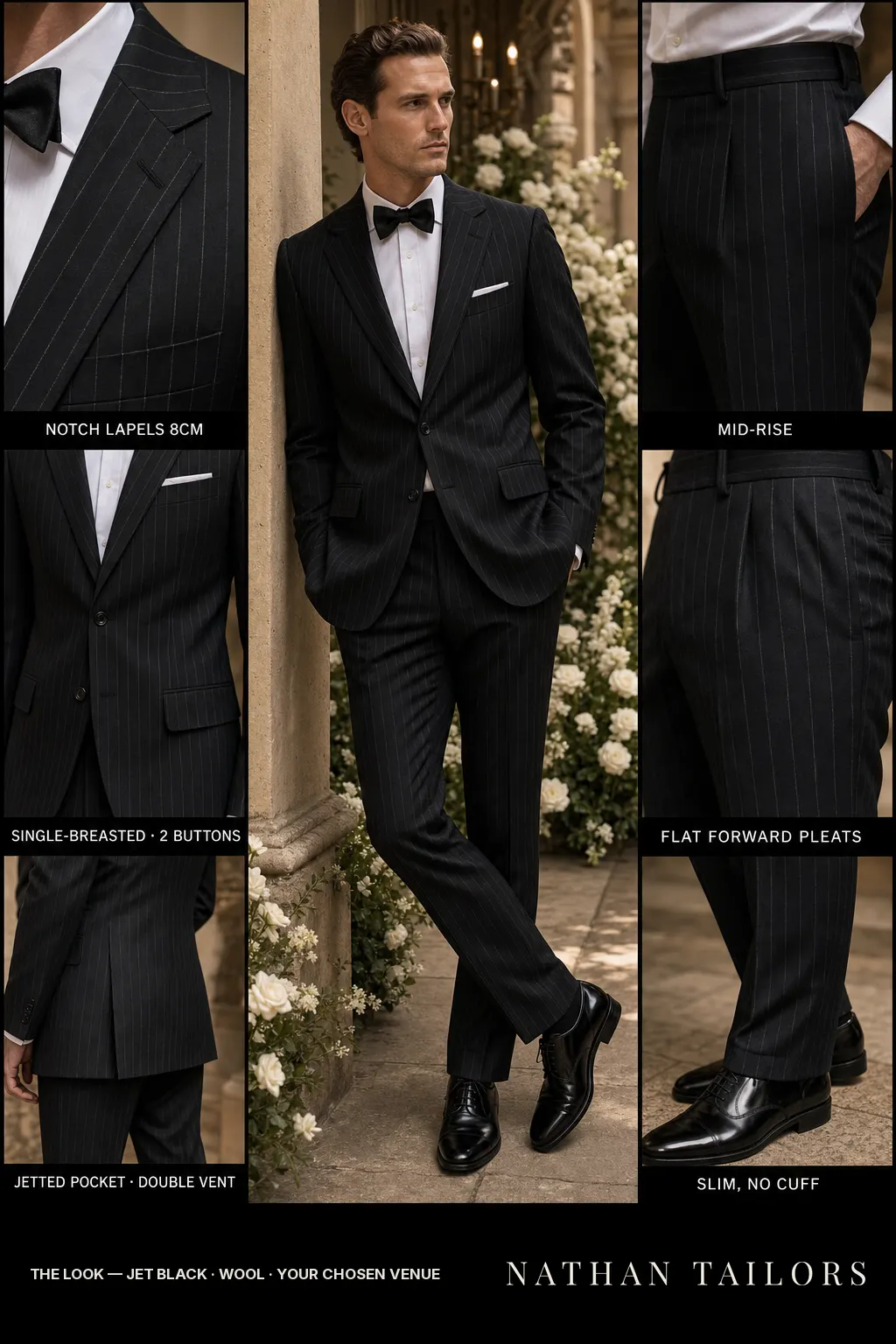 jet black pinstripe single-breasted notch-lapel bespoke suit โ AI-rendered by Nathan Tailors, the Hoi An custom tailor. Available as a custom tailored suit from $149.