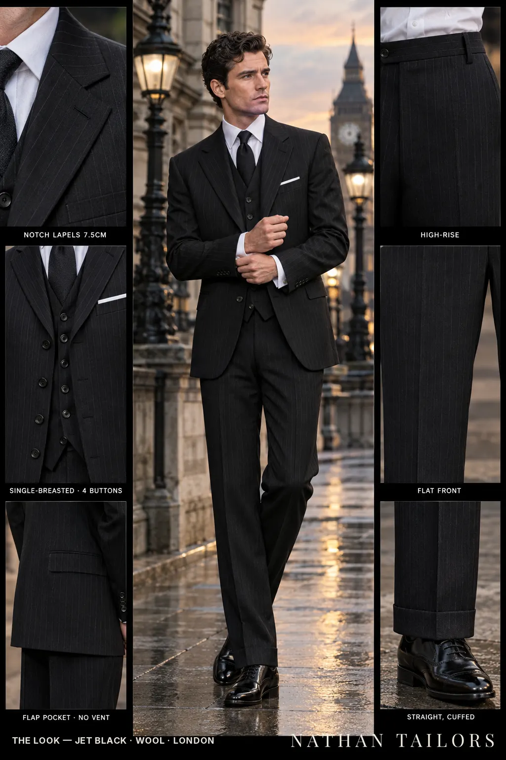 jet black pinstripe single-breasted bespoke suit โ custom tailored by Nathan Tailors, the Hoi An custom tailor