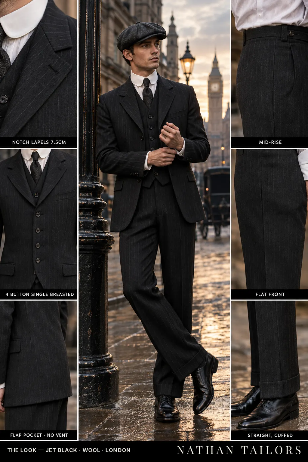 jet black pinstripe single-breasted bespoke suit โ custom tailored by Nathan Tailors, the Hoi An custom tailor